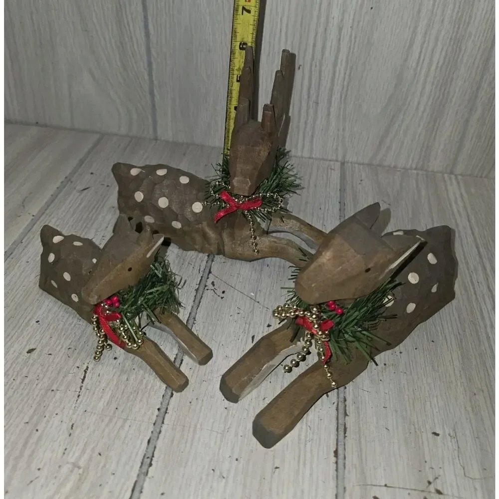 Wood Deer Family Buck Doe Fawn Wood Figures Christmas Decor Hand Carved Folk Art